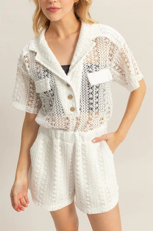 White Crochet Button Front Short Sleeve Romper