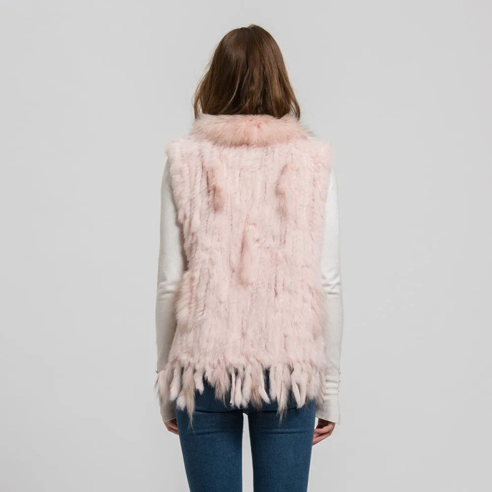 Women Fur Vests Real Rabbit Fur with Raccoon Fur Collar Gilet Winter Pink Waistcoat