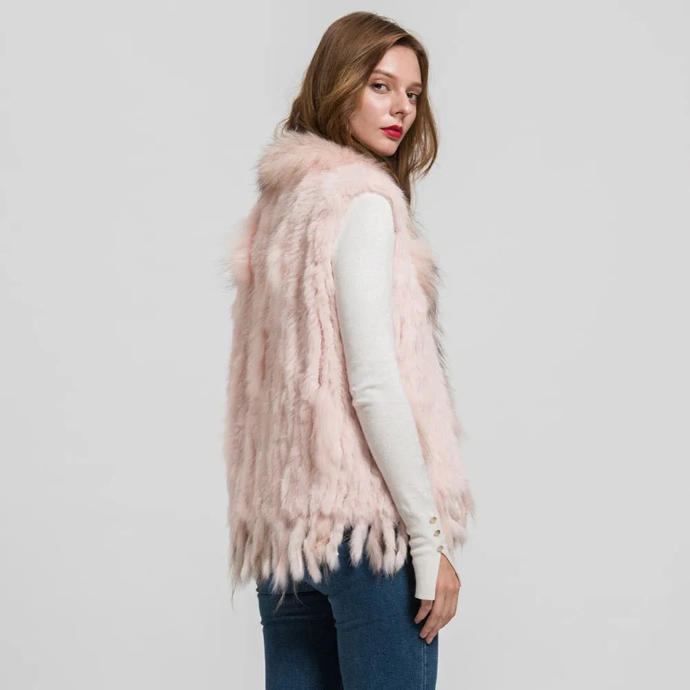 Women Fur Vests Real Rabbit Fur with Raccoon Fur Collar Gilet Winter Pink Waistcoat