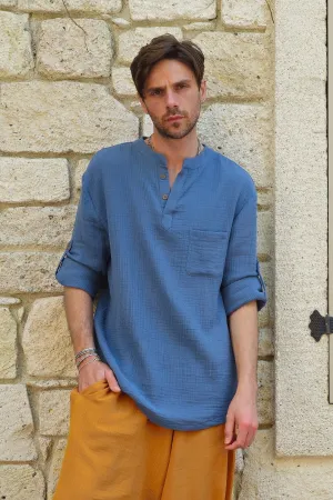 ZEUS Men's Double Gauze Shirt (Light Indigo Blue)