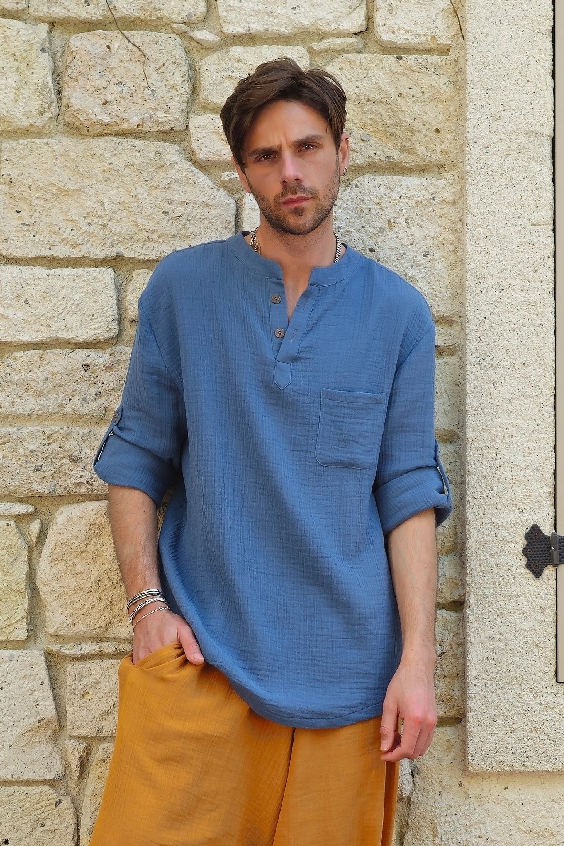ZEUS Men's Double Gauze Shirt (Light Indigo Blue)